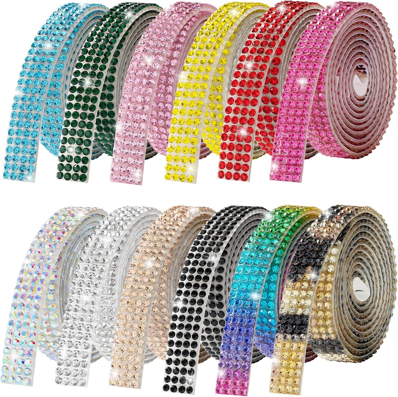 Rhinestone Bedazzling Kit with Self-Adhesive Crystal Ribbon Rolls + Hotfix Rhinestone Applicator Set – DIY Bling Craft Kit with 12 Rolls Rhinestone Tape, 4400 Crystals, 7 Tips Tool Set, Tweezers & Accessories for Clothing, Phone Cases, Shoes, Jewelry